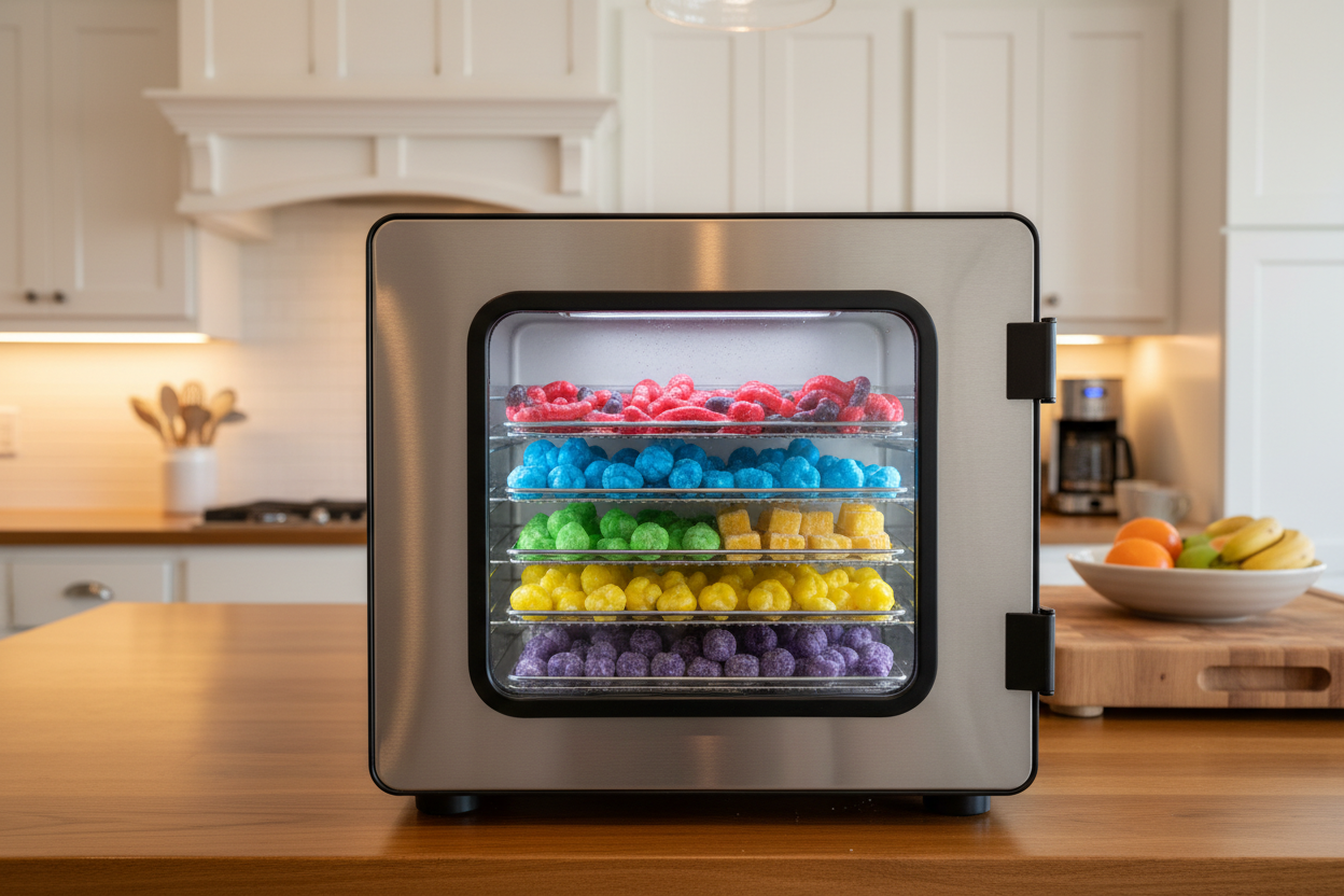 Food freeze dryer with colorful candies inside, located in a home kitchen